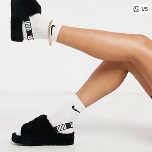 UGG Fluff Yeah Slingback Shearling Sandals Black Platform Slippers Womens Size 7